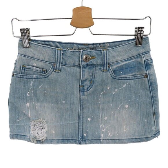Refuge Juniors 1 Light Blue Distressed Paint Splatter Denim Jean Mini Skirt Y2K - Picture 1 of 11